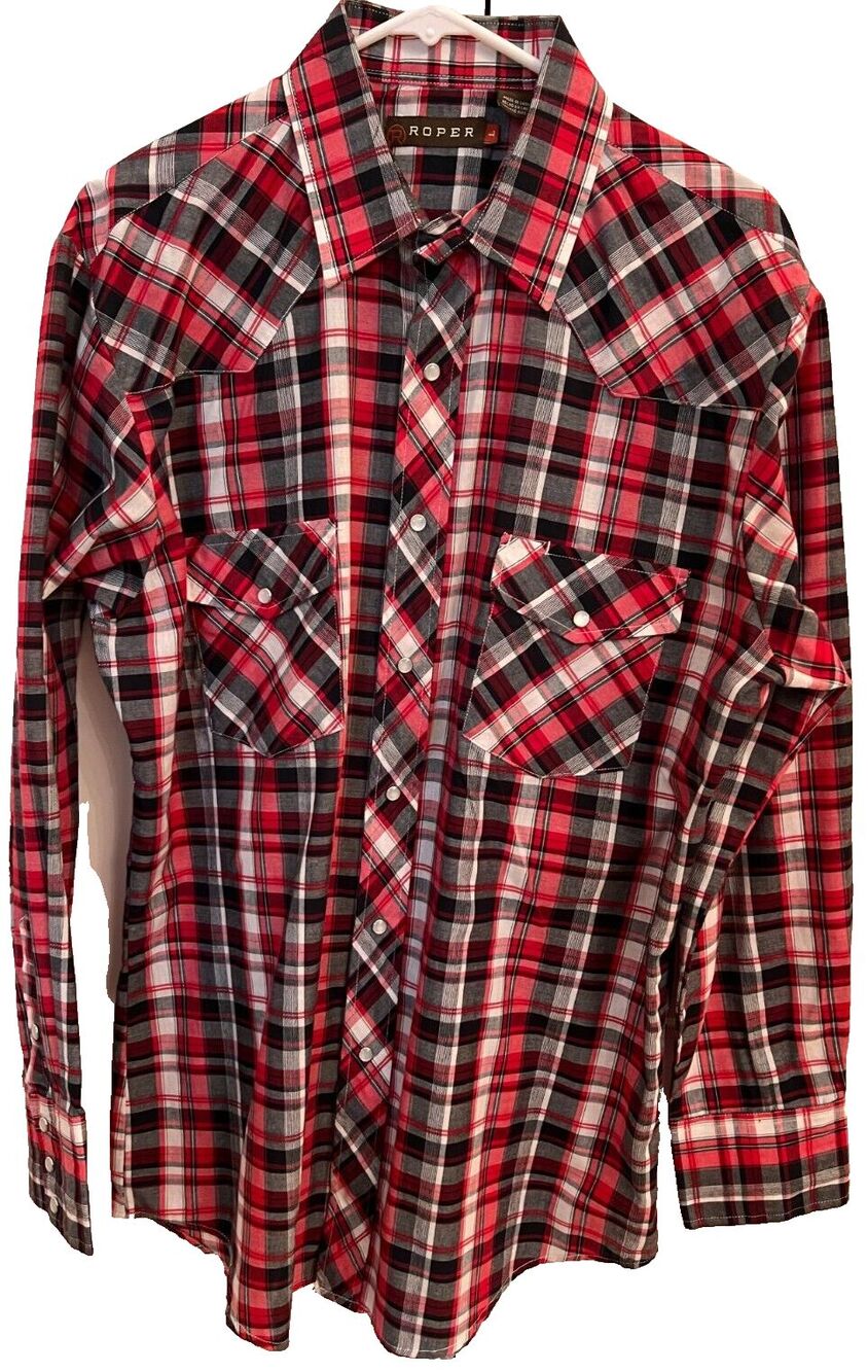 Roper Men's Long Sleeve Red Plaid Pearl Snap Western Cowboy Shirt Mens L